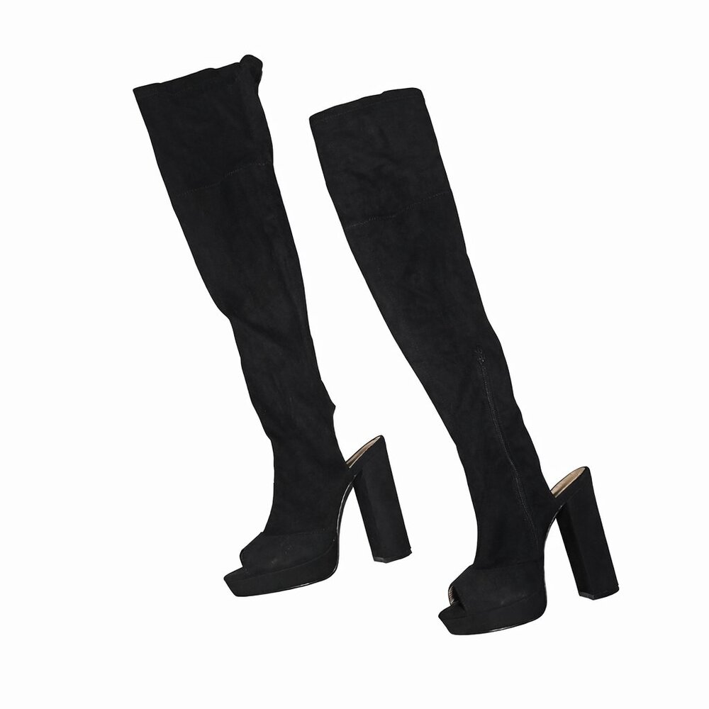 Liliana Black Over-The-Knee Platform Boots Peep Toe Chunky Heel Faux Suede SZ 10